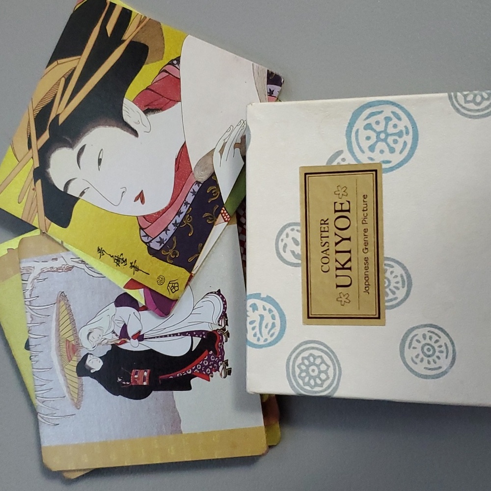 Ukiyoe Coasters Various Scenes, Gold Foil on Paper Set of 8 Made in Japan